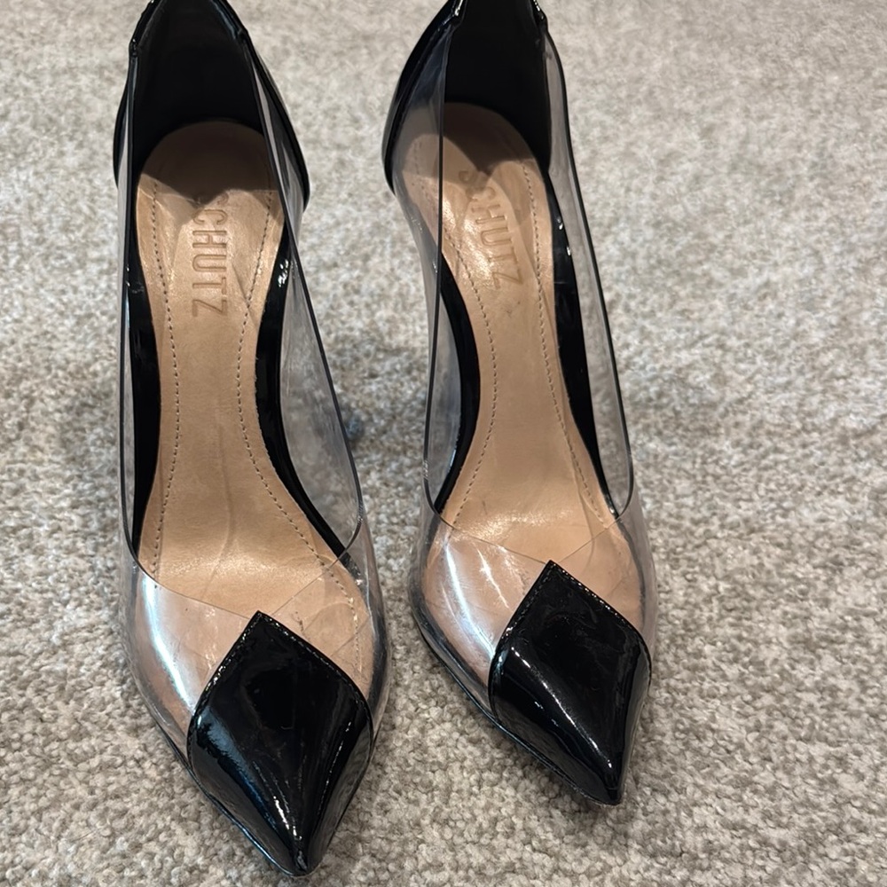 SCHUTZ Black Patent Leather Heels with Transparent Panels